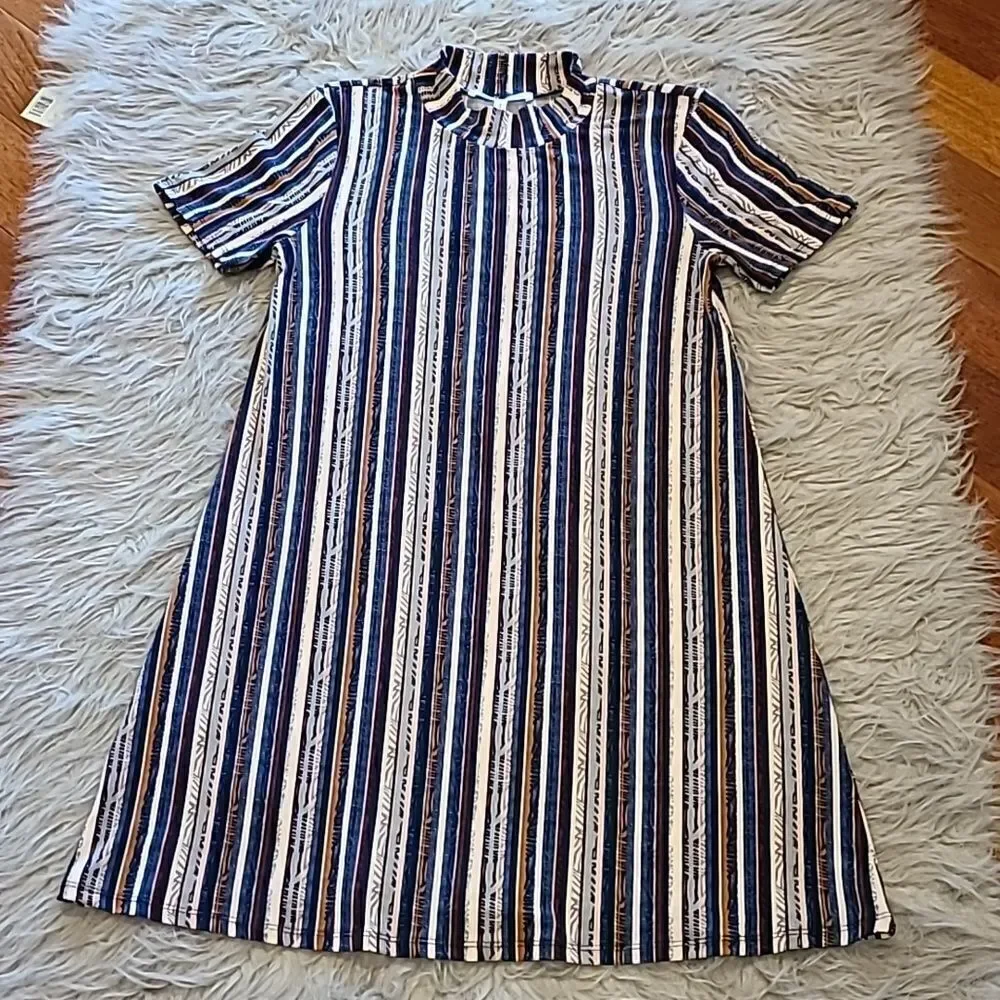 BCBGeneration womens blue, pink and‎ gray stripped polyester flowy tshirt dress